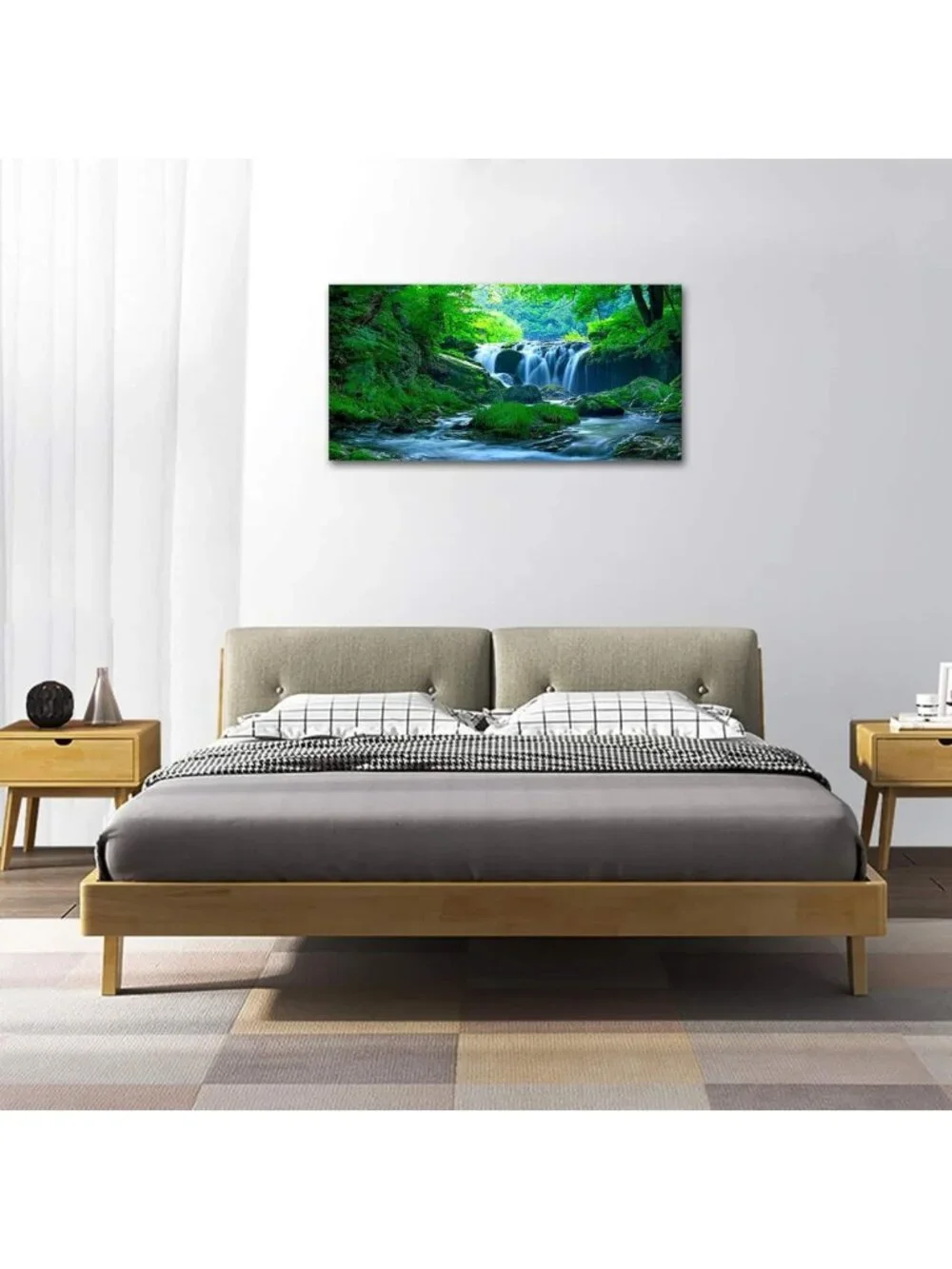 Calming Green Nature Landscape Canvas Art - Waterfall Wall Decor for Home